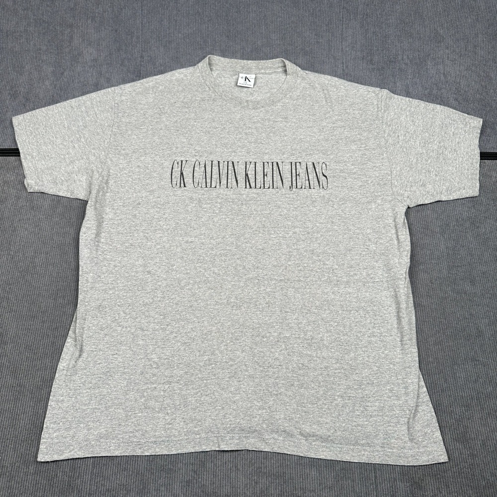 Vintage Calvin Klein Jeans T-Shirt Gray Logo Print Mens L XL Short Sleeve Tee
